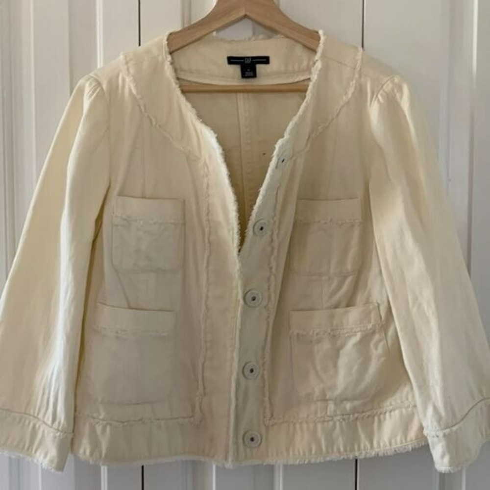 Cream Jean denim coat Collarless Blazer Jacket y2k Coastal CottageCore Large